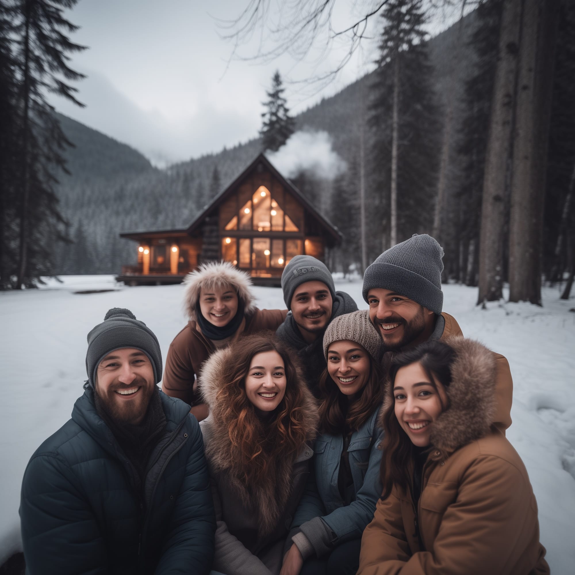 Family sitting around a fire pit in front of cabin